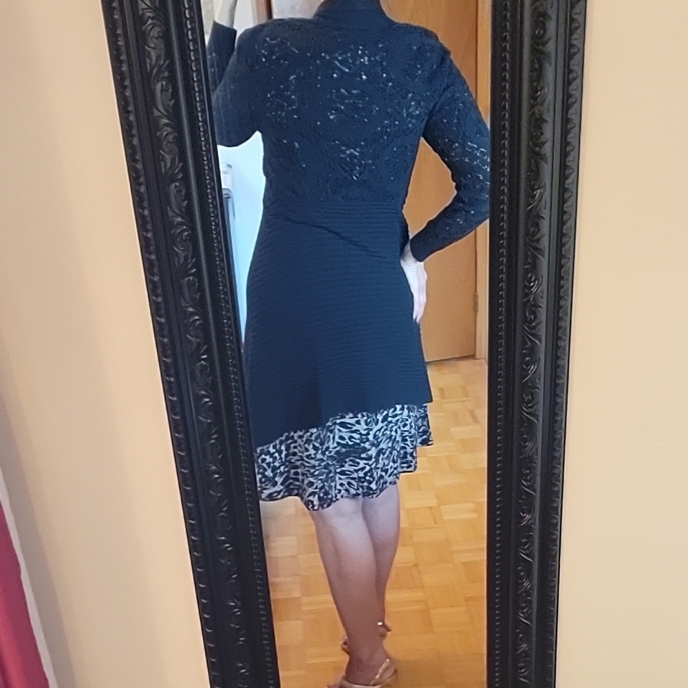 Belldini Black Elegant Open Cardigan Sweater, Crochet Lace Back & Sleeves, M - Picture 7 of 16